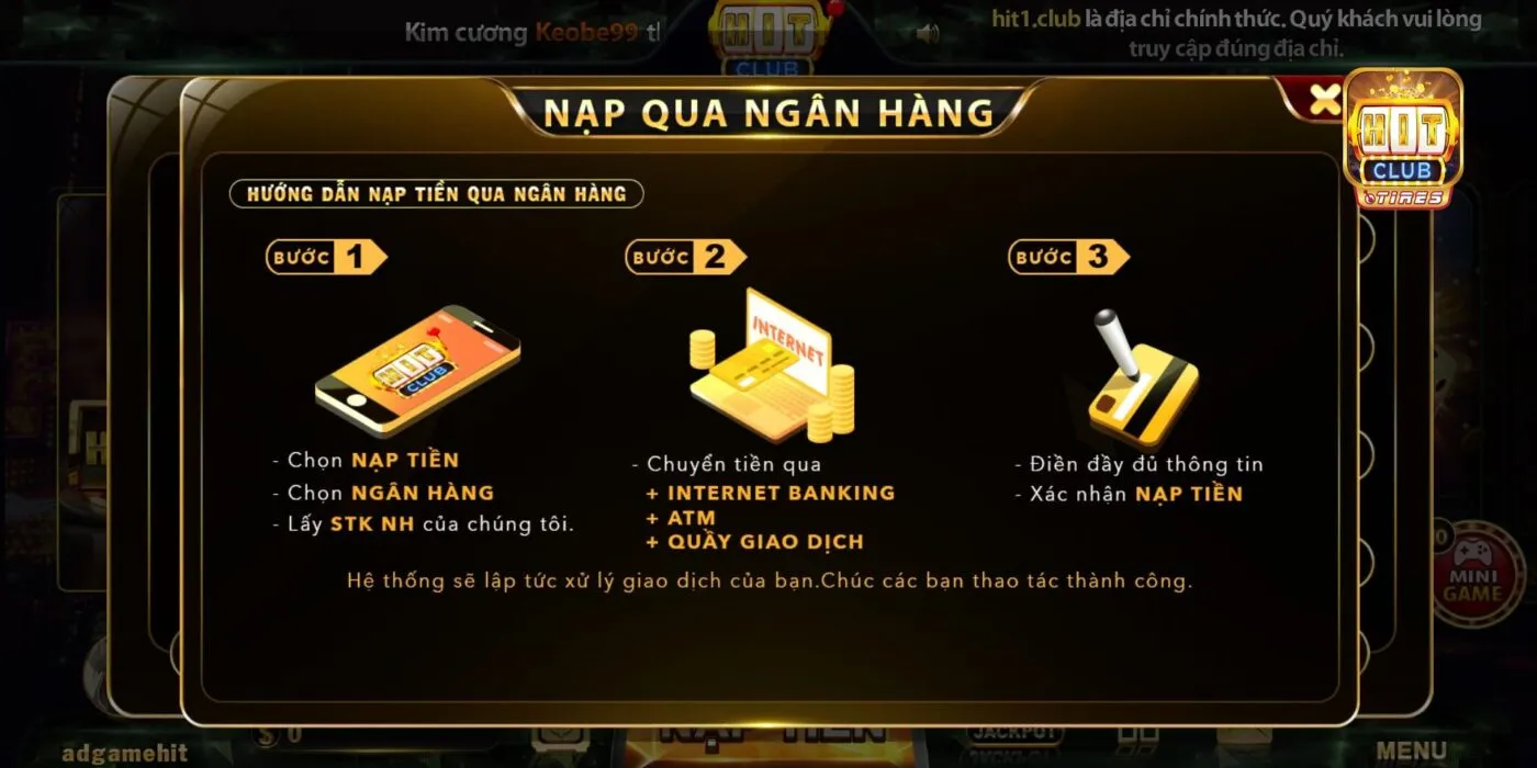 Quy trình nạp tiền tại Hitclub thành công