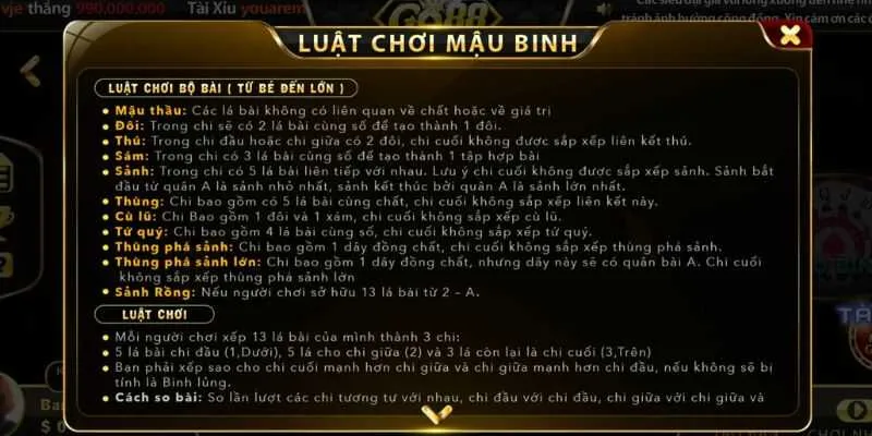 Quy định xếp bài cơ bản của bài mậu binh