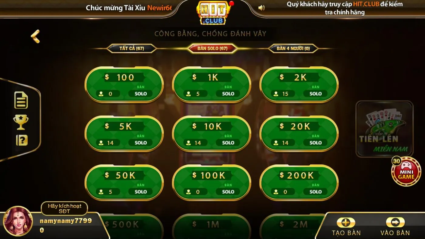 Các bàn cược Tiến lên miền Nam tại cổng game Hit Club 